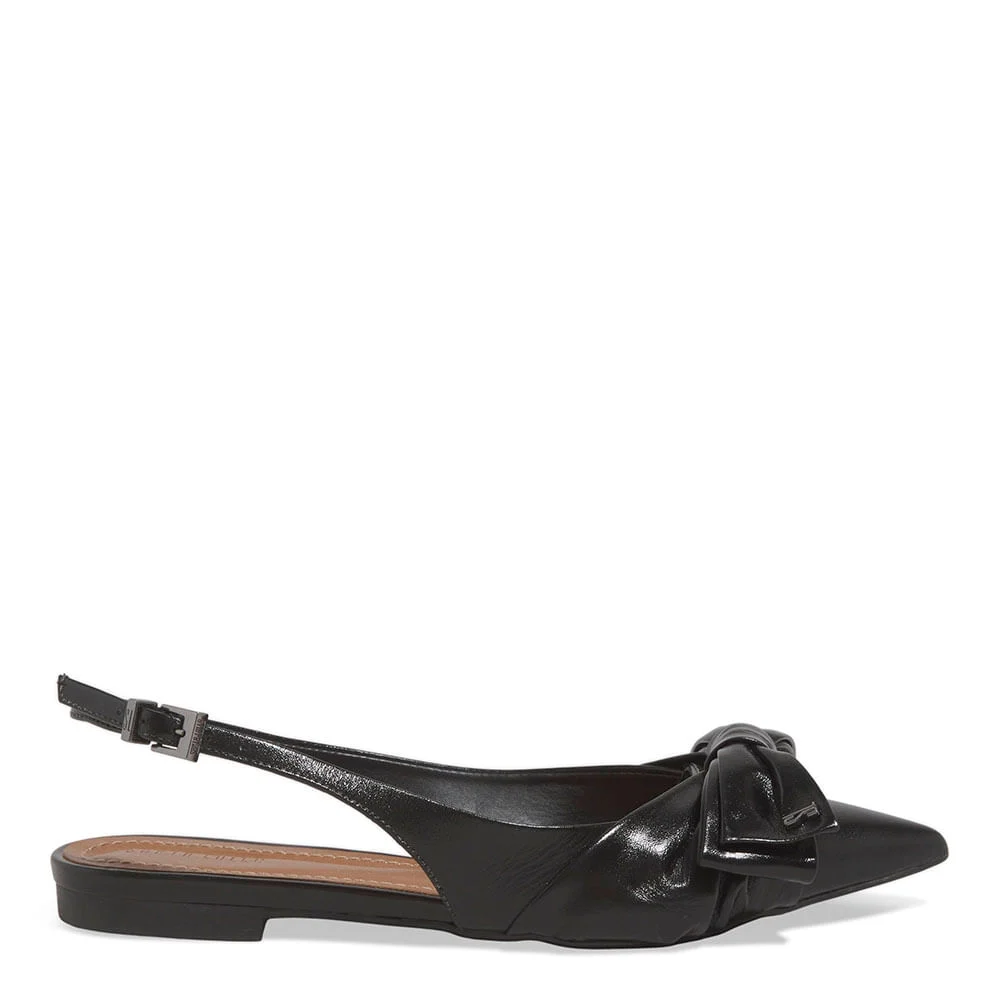 Sapatilha Slingback Couro Preto Bico Fino Laço - vista 1 de 6