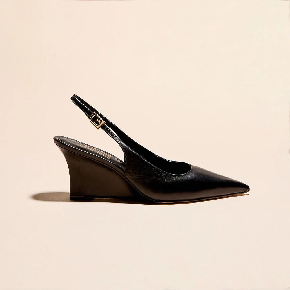 Scarpin Slingback Couro Pelica Liso Preto Anabela - vista 1 de 3