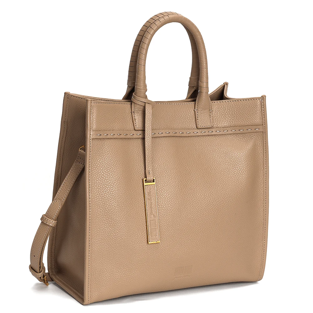 Bolsa Tote Pesponto Grande de Couro Bege - Linha Genuine Leather - vista 4 de 4